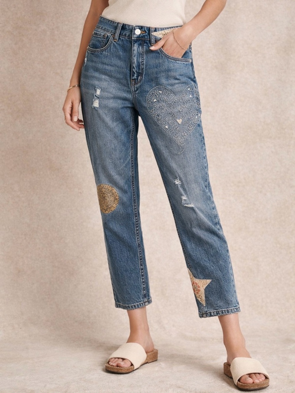 Anthropologie Patchwork Embroidered Heart Literary Tapered Ankle Jeans